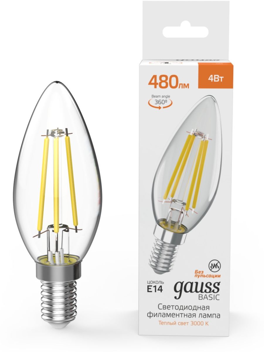 Светодиодная филаментная лампа Gauss Basic Filament E14 4W 3000K свеча 50312142