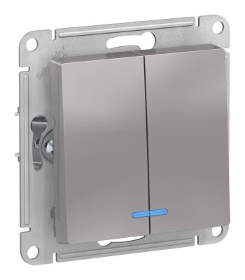 Выключатель 2-клавишный с подсветкой, сх.5а, 10АХ, механизм Systeme Electric AtlasDesign Алюминий ATN000353