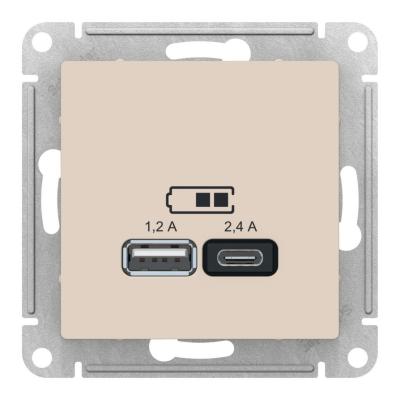 Розетка USB A+С, 5В/2,4А, 2х5В/1,2А, механизм Systeme Electric AtlasDesign Бежевый ATN000239 Розетка USB A+С, 5В/2,4А, 2х5В/1,2А, механизм Systeme Electric AtlasDesign Бежевый ATN000239