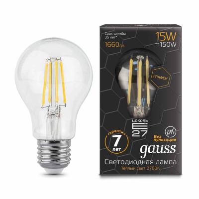 Лампа светодиодная филаментная Gauss E27 15W 2700К прозрачная 102802115
