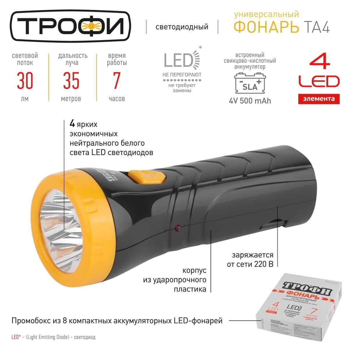 Ручной светодиодный фонарь ЭРА Трофи аккумуляторный 138х55 30 лм TA4-box8 Б0004985