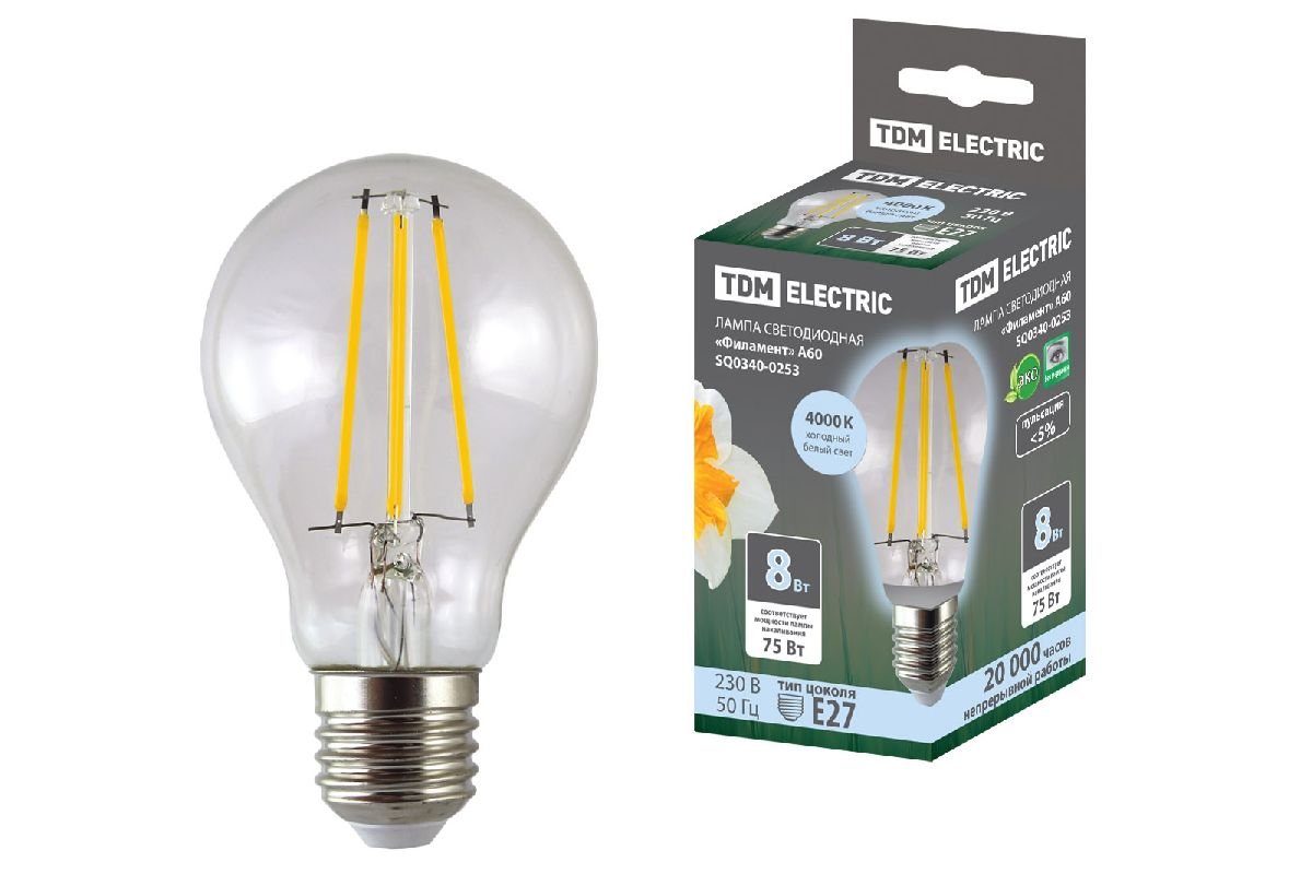 Лампа светодиодная филаментная TDM Electric E27 8W 4000K прозрачная SQ0340-0253