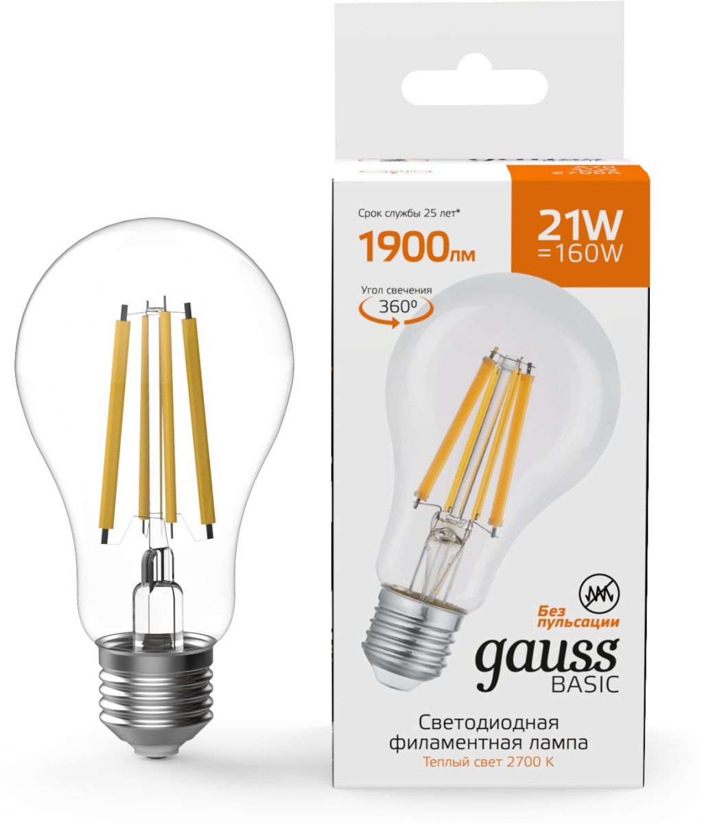 Светодиодная филаментная лампа Gauss Basic Filament Е27 21W 2700К 40712112