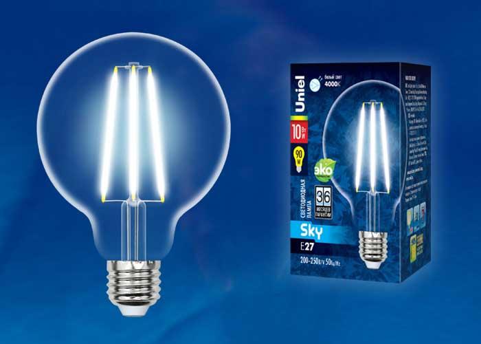 Лампа светодиодная филаментная (UL-00004863) Uniel E27 10W 4000K прозрачная LED-G95-10W/4000K/E27/CL PLS02WH