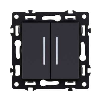 Выключатель 2-клавишный проходной 10А/250В с LED подсветкой, черный Kollinger Asthetik AS-011BK