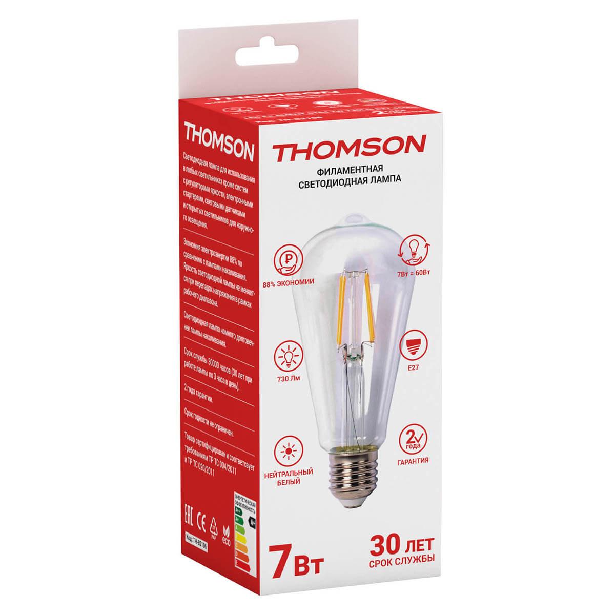 Лампа светодиодная филаментная Thomson E27 7W 4500K прямосторонняя трубчатая прозрачная TH-B2106