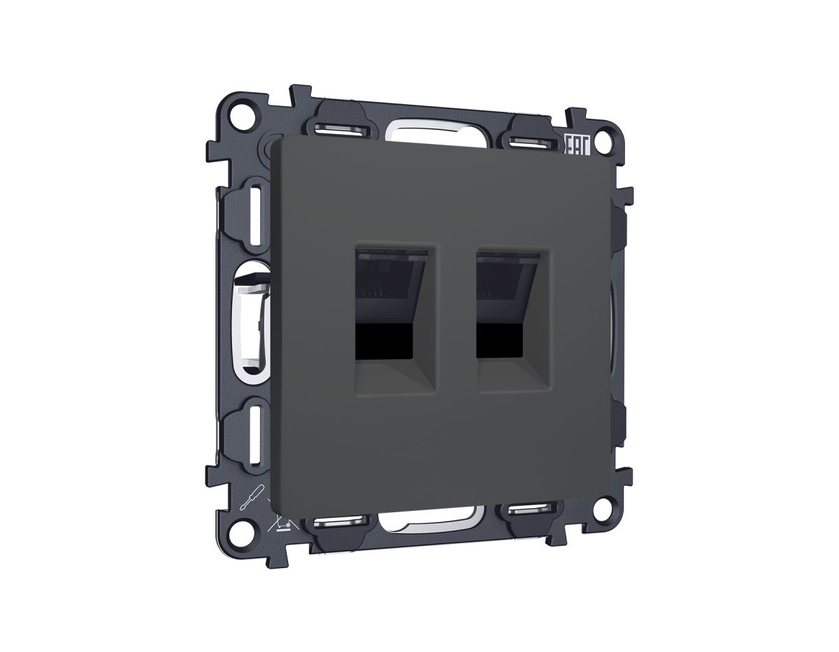 Комплект механизма компьютерной двойной розетки RJ-45 с автоматической защитной шторкой Alfa Графит мягкое касание Quant Ambrella Volt MA912110 (AP9121, VM189)