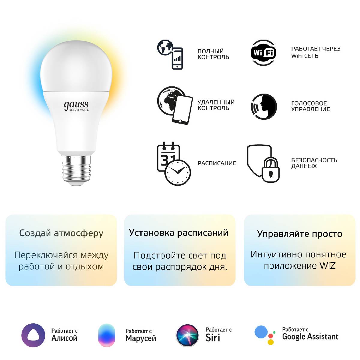 Лампа светодиодная диммируемая Gauss E27 8,5W 2700-6500K матовая 1130112