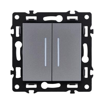 Выключатель 2-клавишный проходной 10А/250В с LED подсветкой, серый Kollinger Asthetik AS-011GY