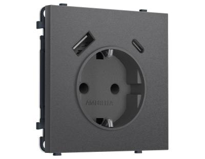 Комплект механизма электрической розетки SIGMA Антрацит серый 2USB A+C 20W Ambrella Volt MS660010 (SP6600, PR160)