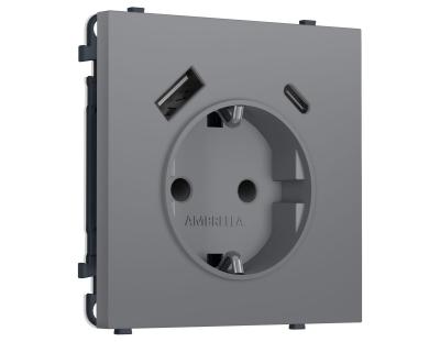 Комплект механизма электрической розетки SIGMA Платиново-серый Мягкое кас. 2USB A+C 20W Ambrella Volt MS870010 (SP8700, PR160)