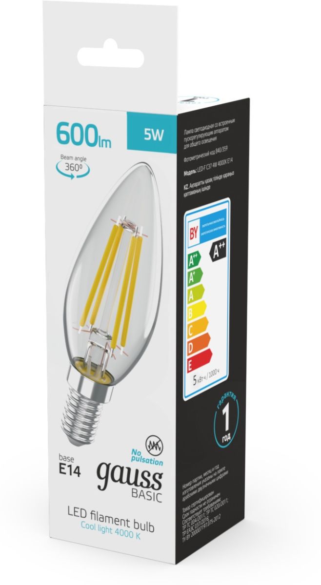Светодиодная филаментная лампа Gauss Basic Filament E14 5W 4000K свеча 50312252