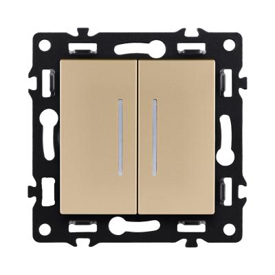Выключатель 2-клавишный проходной 10А/250В с LED подсветкой, золотой Kollinger Asthetik AS-011GD