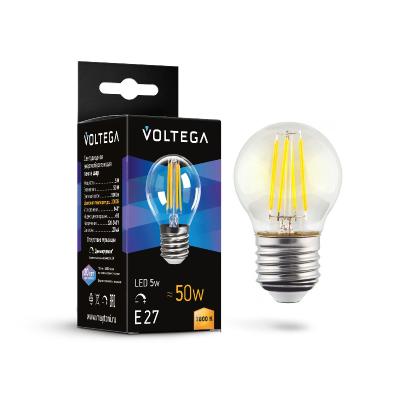 Лампа светодиодная филаментная Voltega E27 5W 3000K шар прозрачный 7202