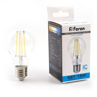 Лампа светодиодная филаментная Feron E27 15W 6400K прозрачная LB-615 48284