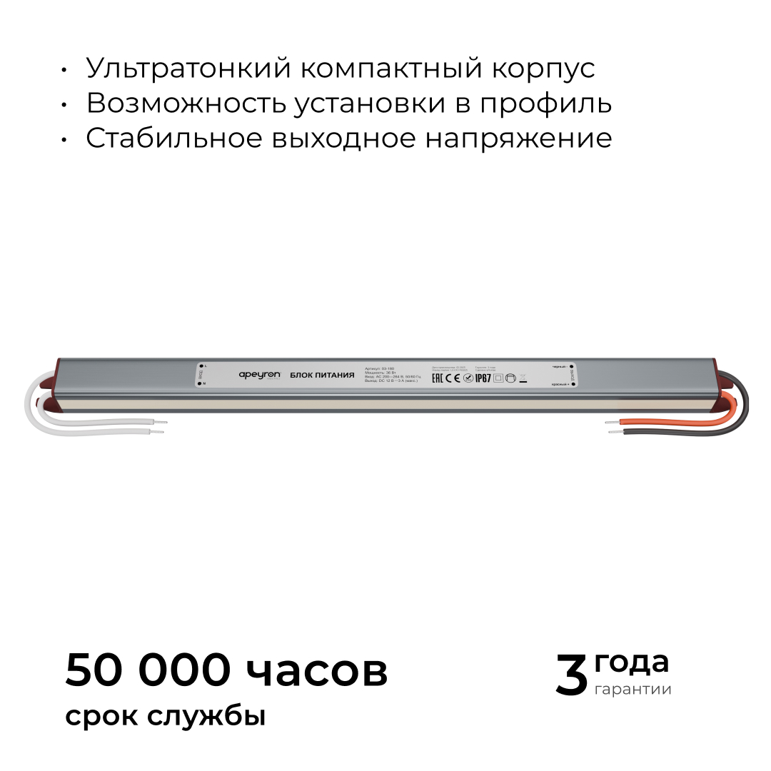 Блок питания Apeyron 12В, 36Вт, 200-264В, 3А, IP67 03-180