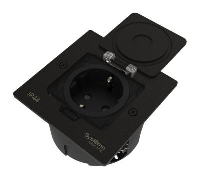 Лючок с розеткой 2К+З, 16А/250В, IP44 с монтажной коробкой для стены, фальшпола, стола , тип MDK21 Systeme Elecrtic MultiDesk Чёрный матовый MDK21102MBA