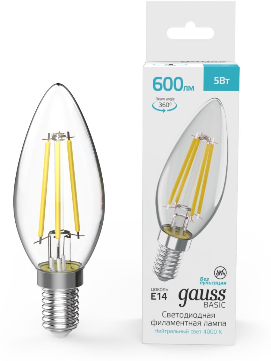 Светодиодная филаментная лампа Gauss Basic Filament E14 5W 4000K свеча 50312252