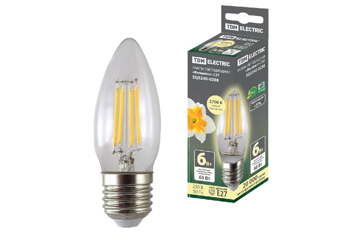 Лампа светодиодная филаментная TDM Electric E27 6W 2700K прозрачная SQ0340-0298