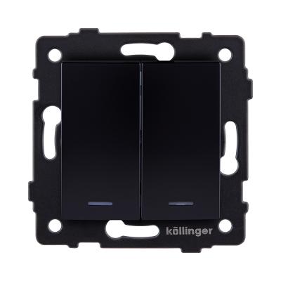 Выключатель кнопочный 2-клавишный 10А/250В с LED подсветкой, изогнутый, черный Kollinger REA-R-014BK для Aspekt, Eleganz, Reflex
