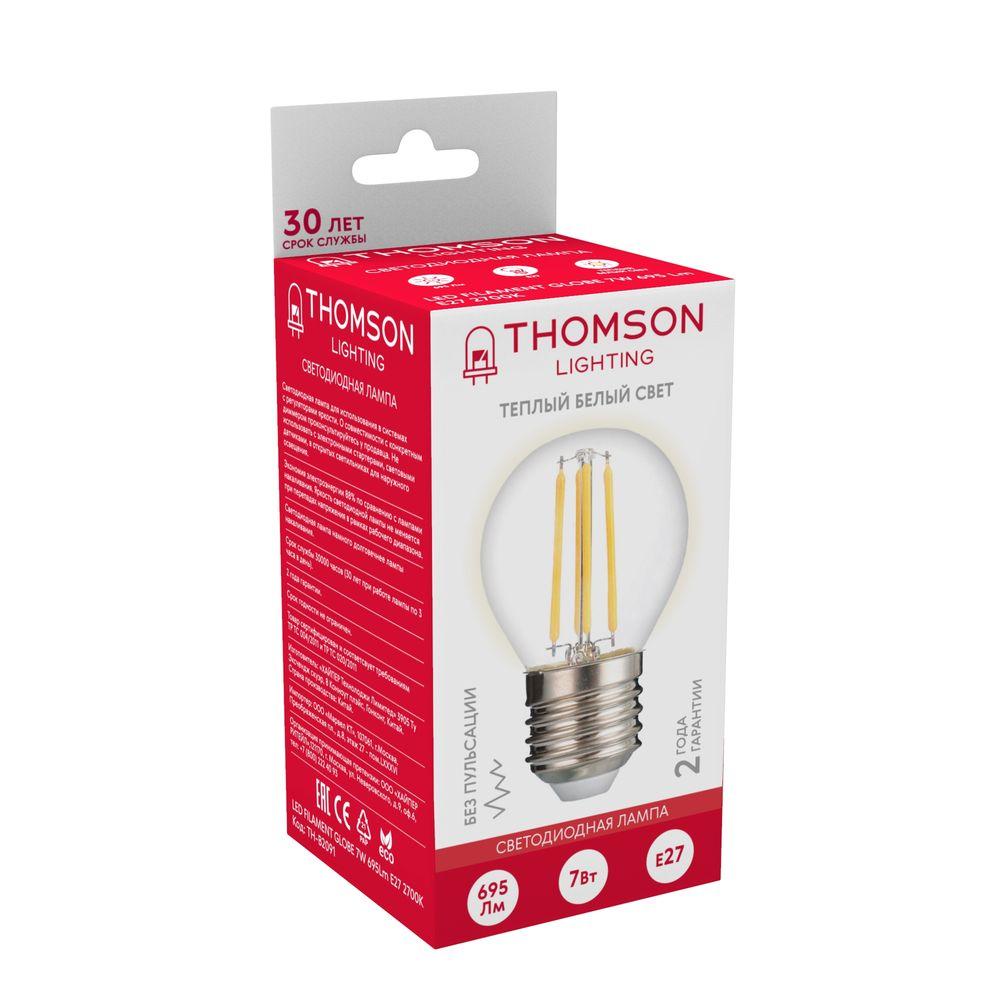 Лампа светодиодная филаментная Thomson E27 7W 2700K шар прозрачная TH-B2091