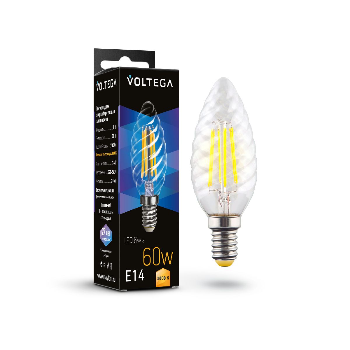 Лампа светодиодная филаментная Voltega E14 6W 3000K свеча витая прозрачная 7211