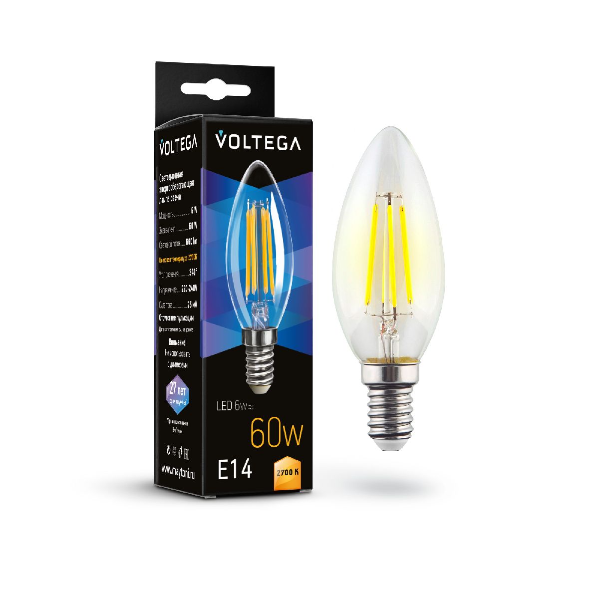 Лампа светодиодная филаментная Voltega E14 6W 2700K свеча прозрачная 7197