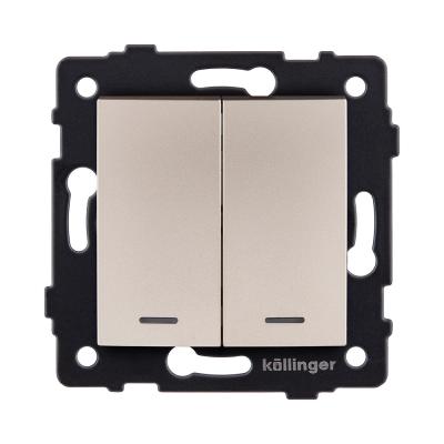 Выключатель 2-клавишный проходной 10А/250В с LED подсветкой, изогнутый, золотой Kollinger REA-R-010GD для Aspekt, Eleganz, Reflex