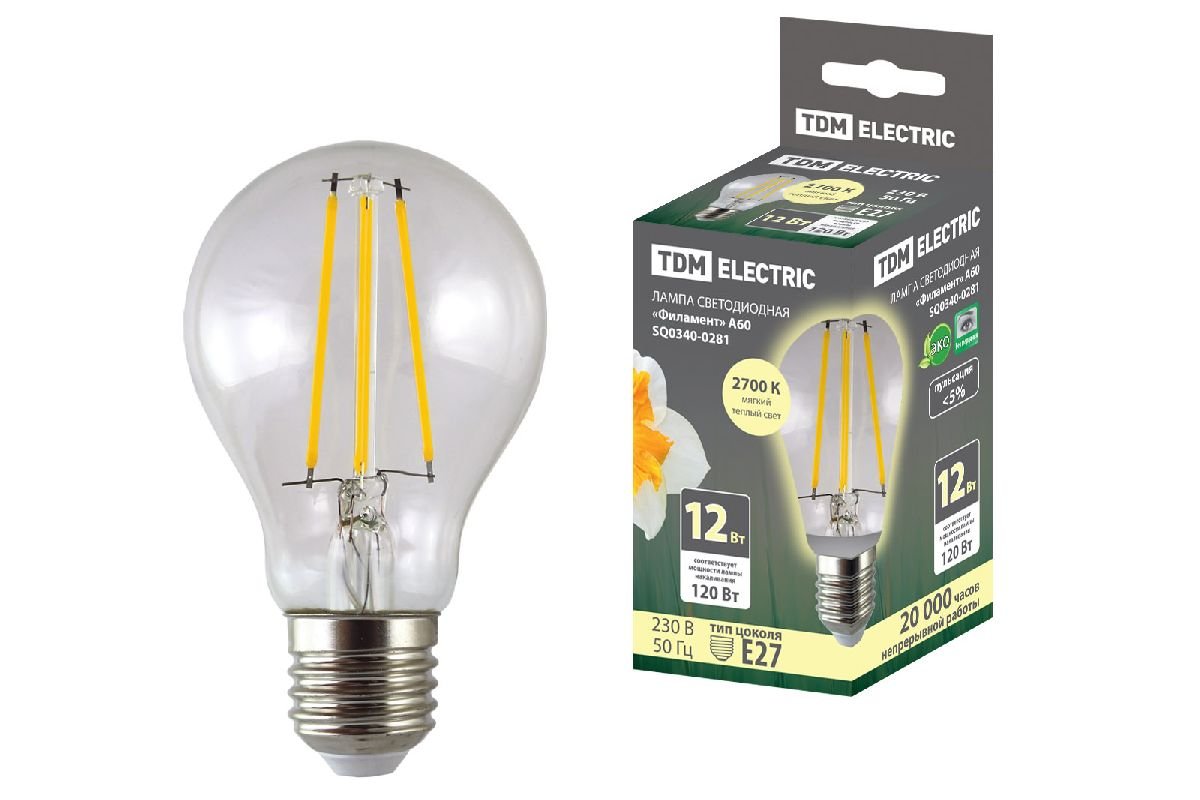 Лампа светодиодная филаментная TDM Electric E27 12W 2700K прозрачная SQ0340-0281