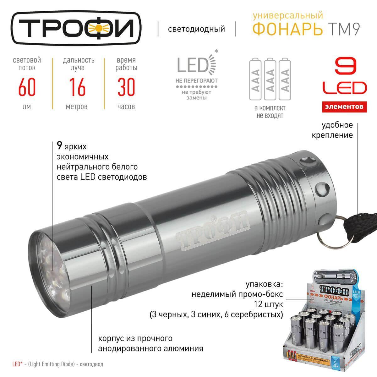Ручной светодиодный фонарь ЭРА Трофи от батареек 85х23 60 лм TM9-box12 Б0004986