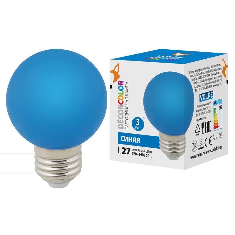 Лампа светодиодная (UL-00006957) Volpe E27 3W синяя LED-G60-3W/Blue/E27/FR/С