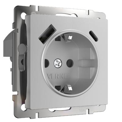 Розетка Werkel Розетка с заземлением, шторками и USB тип A+C (серебряный) W1171706 4690389206870 a067703