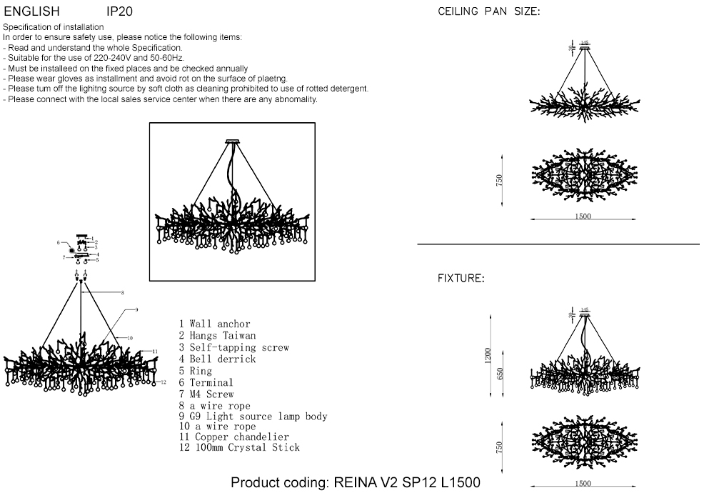 Подвесная люстра Crystal Lux REINA V2 SP12 L1500 GOLD PEARL