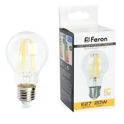 Лампа светодиодная филаментная Feron E27 20W 2700K прозрачная LB-620 38245