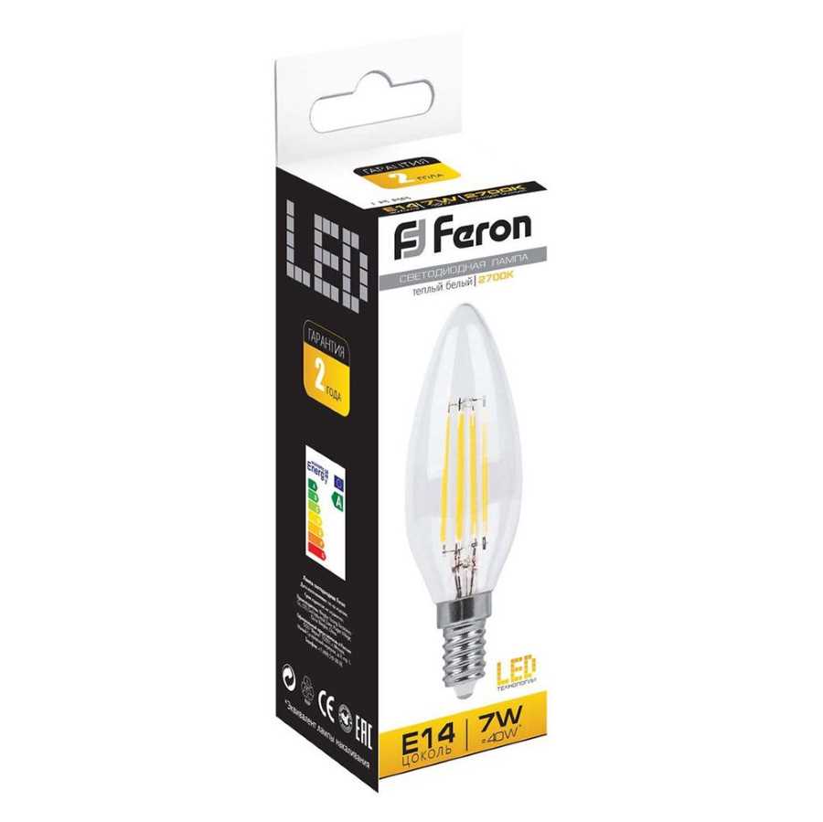 Лампа светодиодная филаментная Feron E14 7W 2700K Свеча Прозрачная LB-66 25726